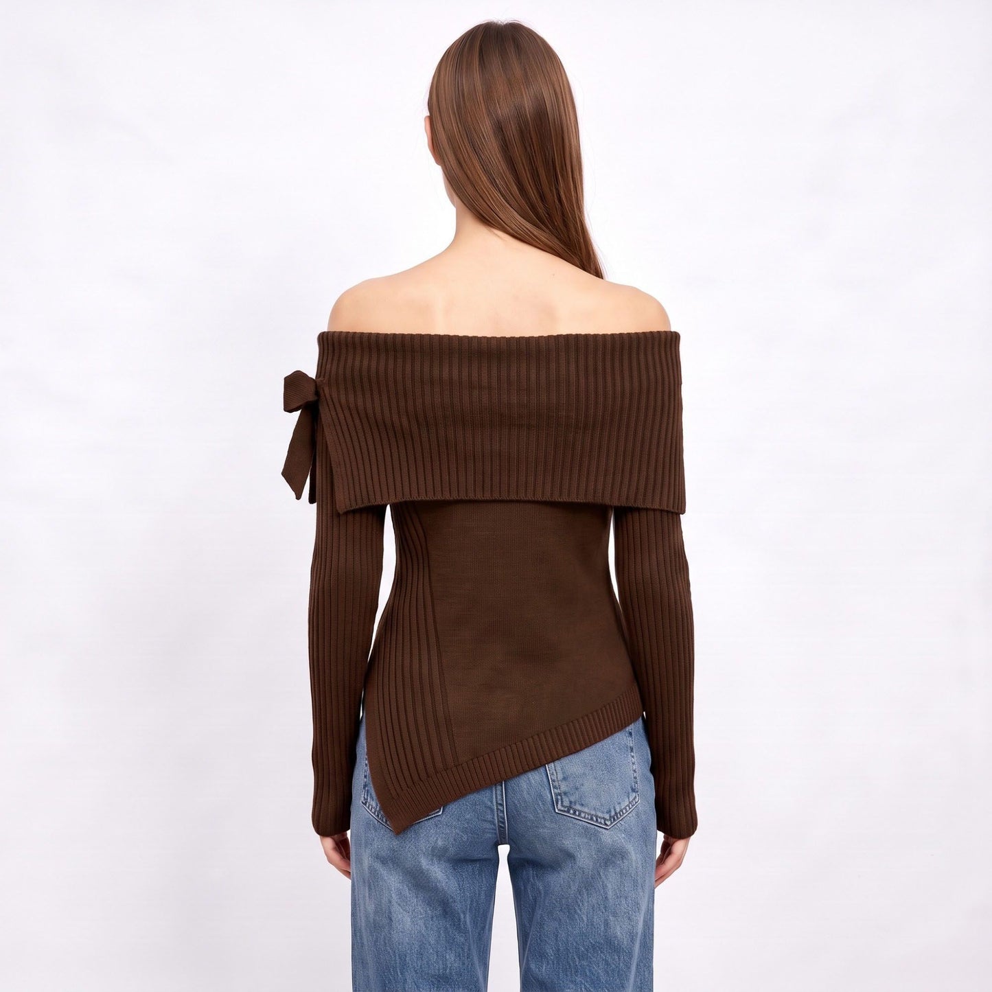 Off Shoulder Bow Asymmetrical Knit Sweater