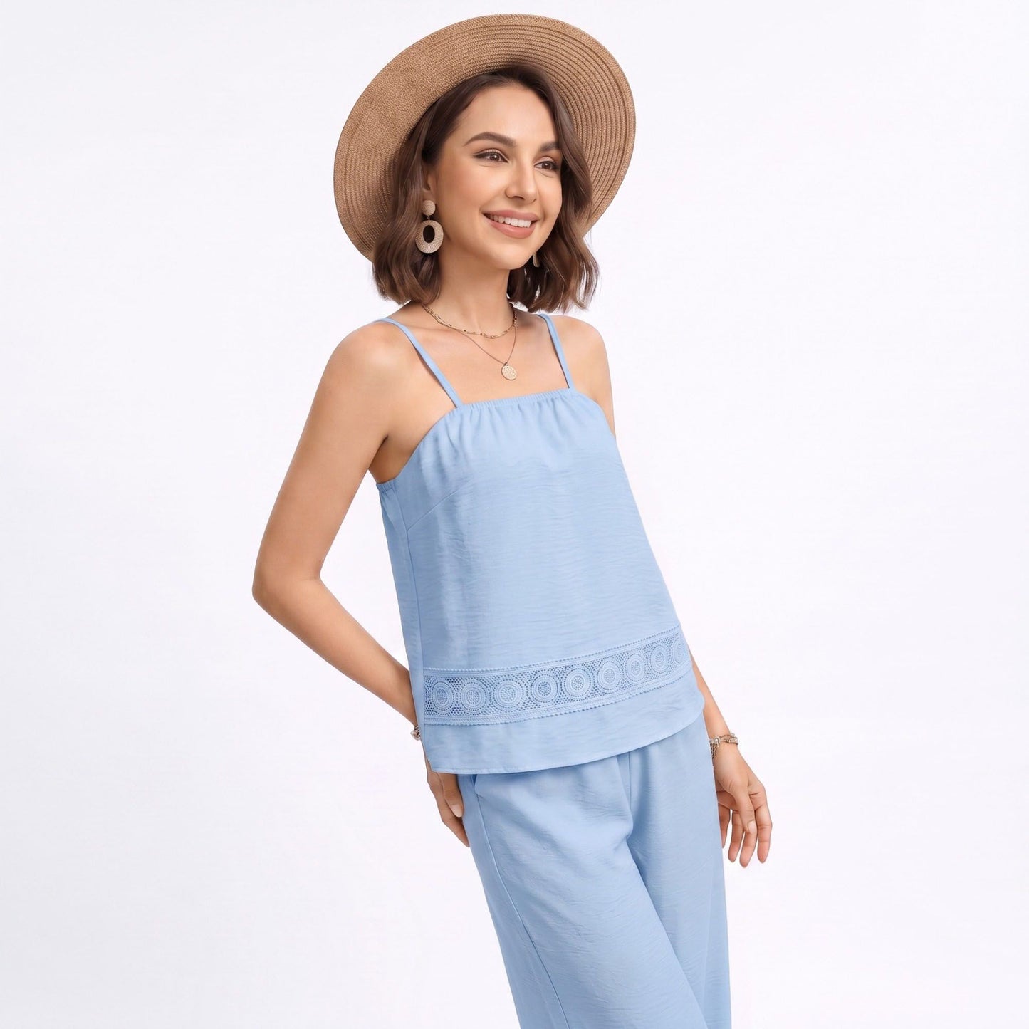 Sleeveless Button Front Jumpsuit with Crochet Lace Back