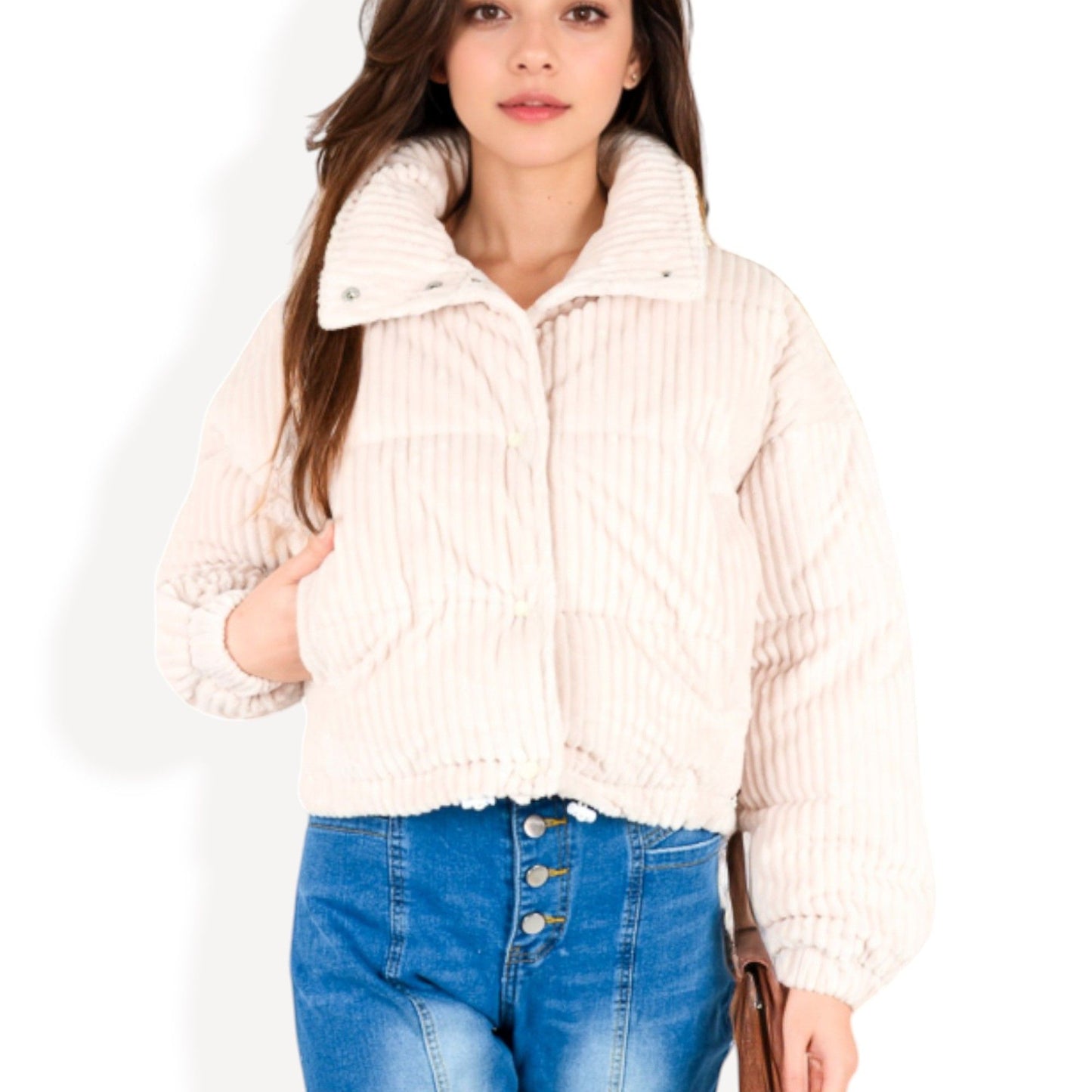 Corduroy Cropped Jacket with Snap Buttons and High Collar