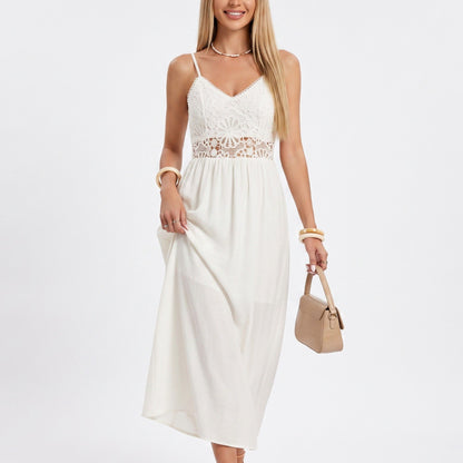 Lace Bodice Maxi Dress Spaghetti Strap Flowing A Line Dress