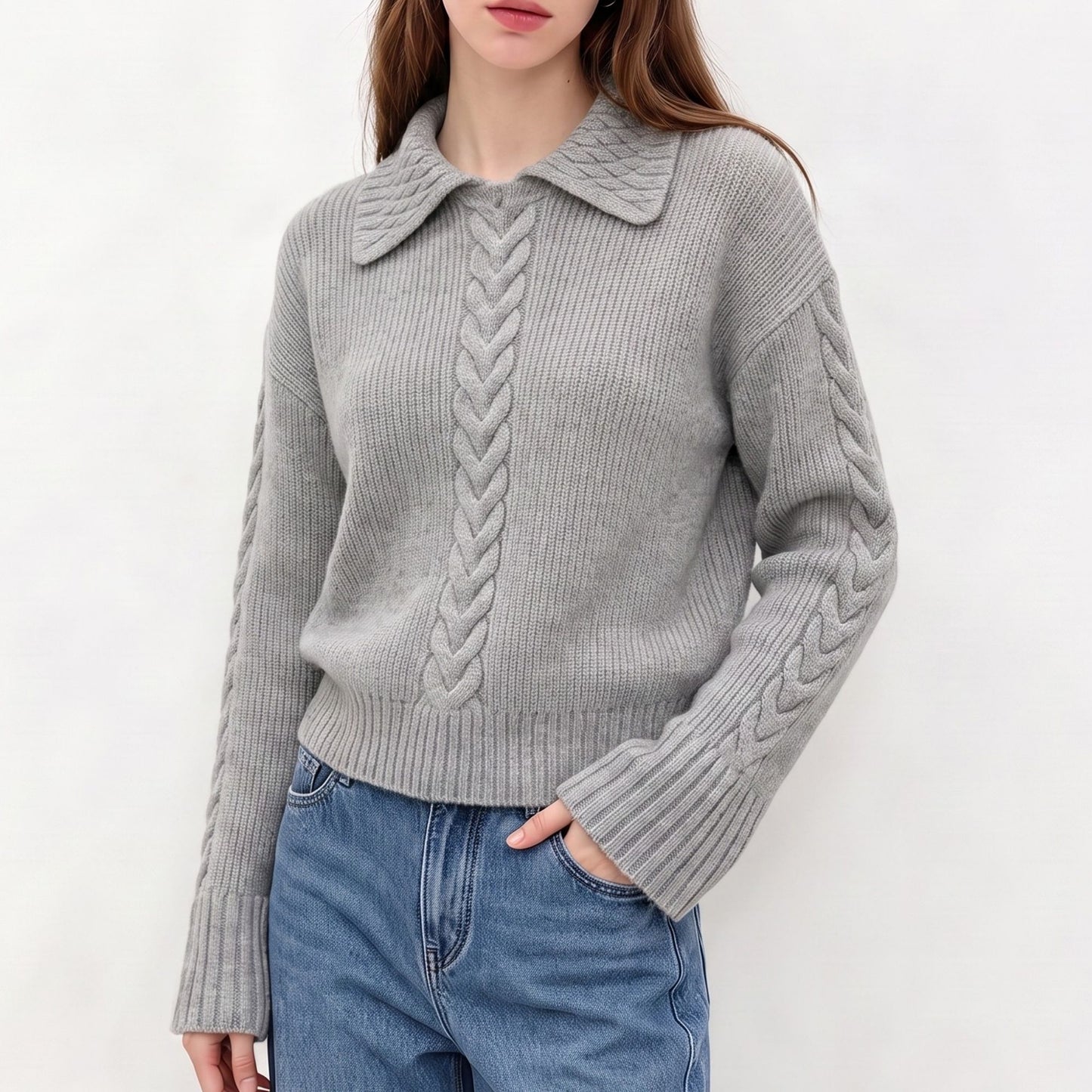 Cable Knit Collared Sweater with Flared Cuffs