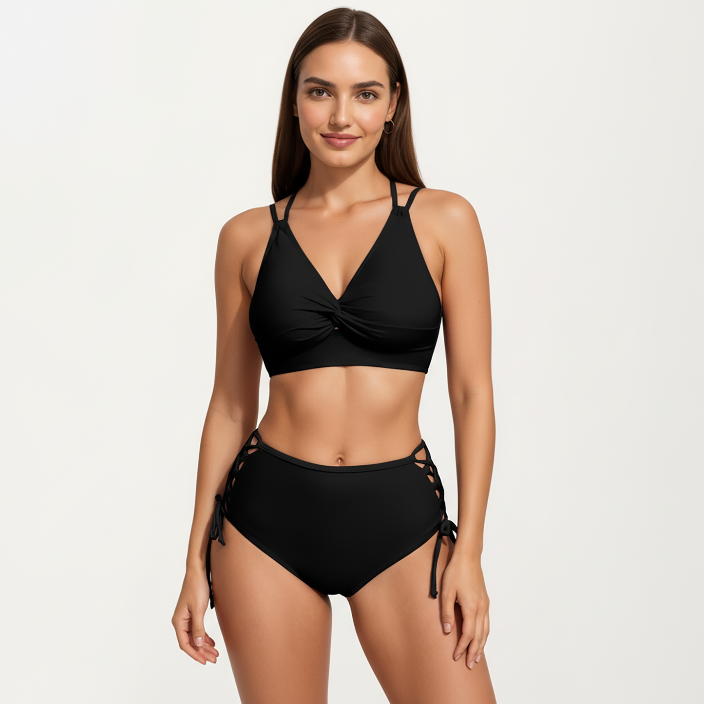 2-Piece Set Twist Front Bikini Top with Lace Up High Waisted Bottom