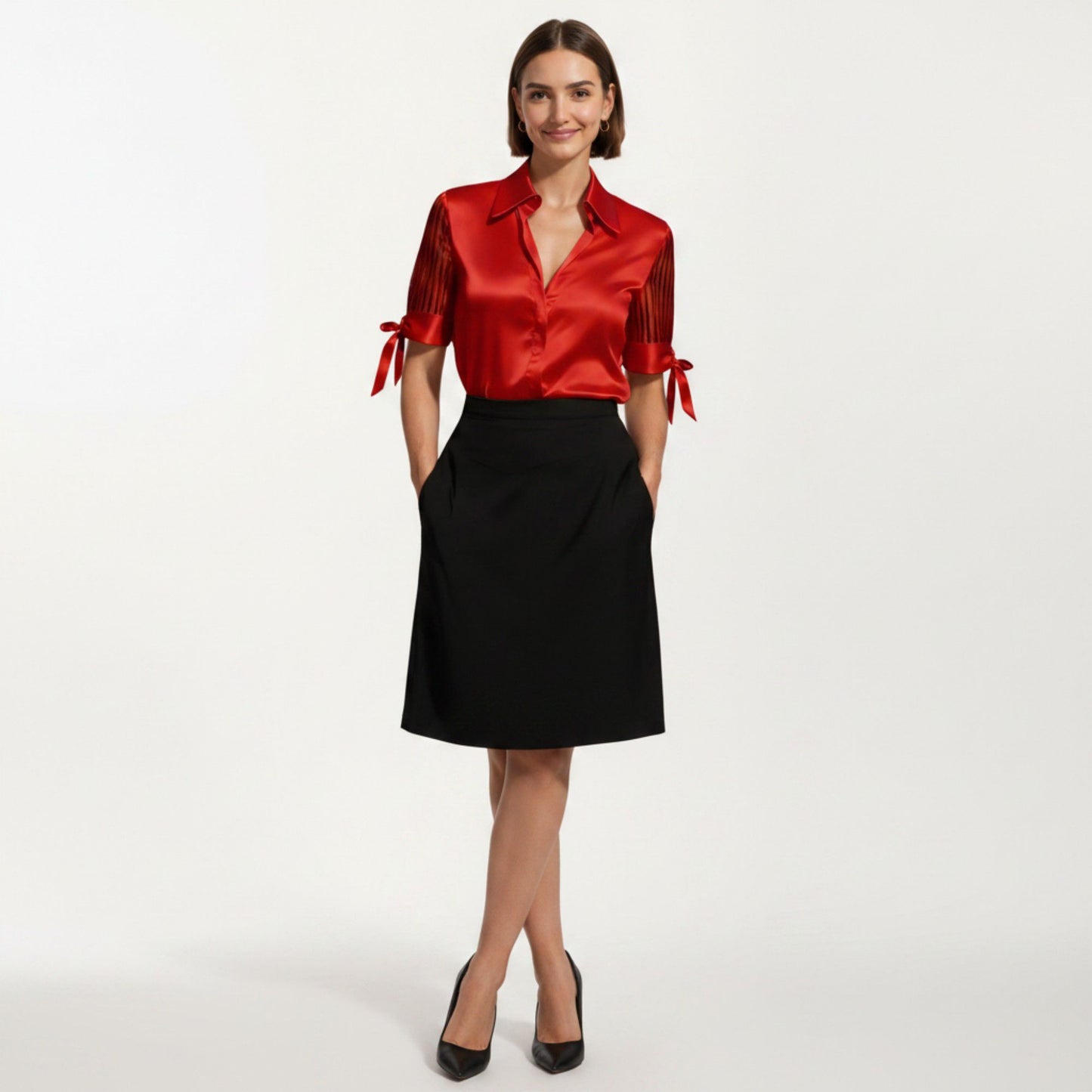 Satin Collared Blouse with Sheer Stripe Sleeves and Bow Tie Cuffs