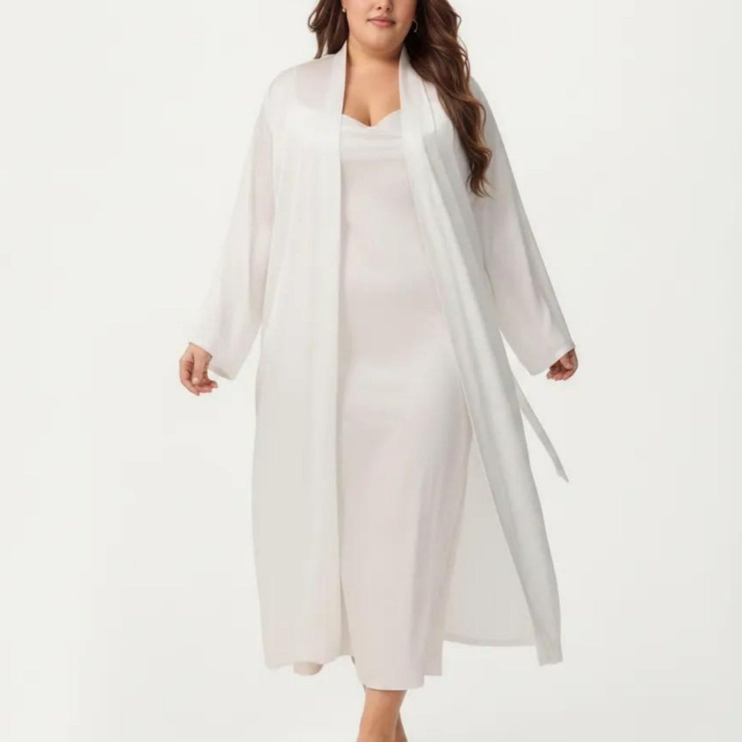 Plus Size 2-Piece Satin Nightgown Set with Long Sleeve Open Front Robe Sleeveless Slip Dress Sleepwear
