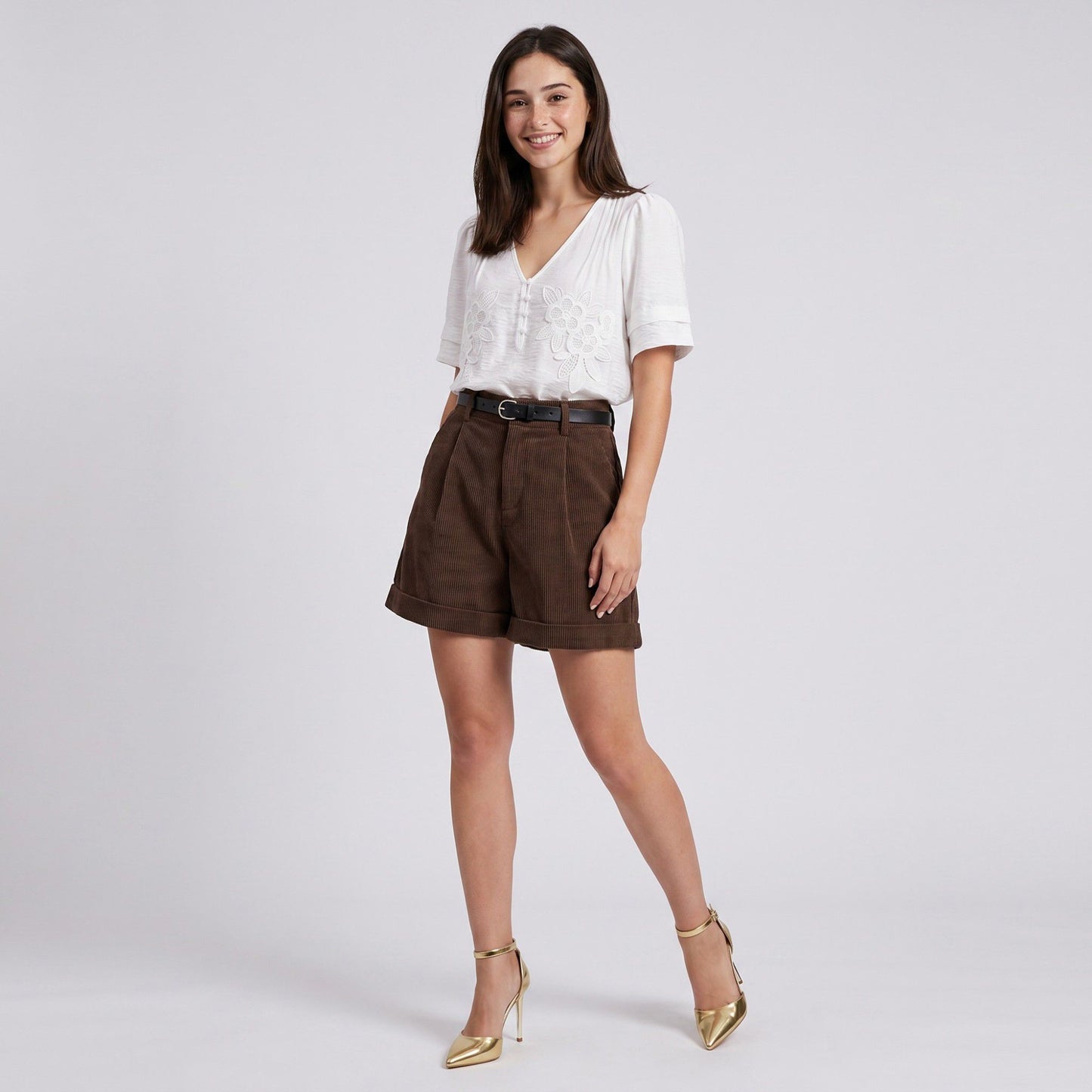 Floral Embroidered V-Neck Short Puff Sleeve Blouse with Pintuck Detail Button Front and Relaxed Fit