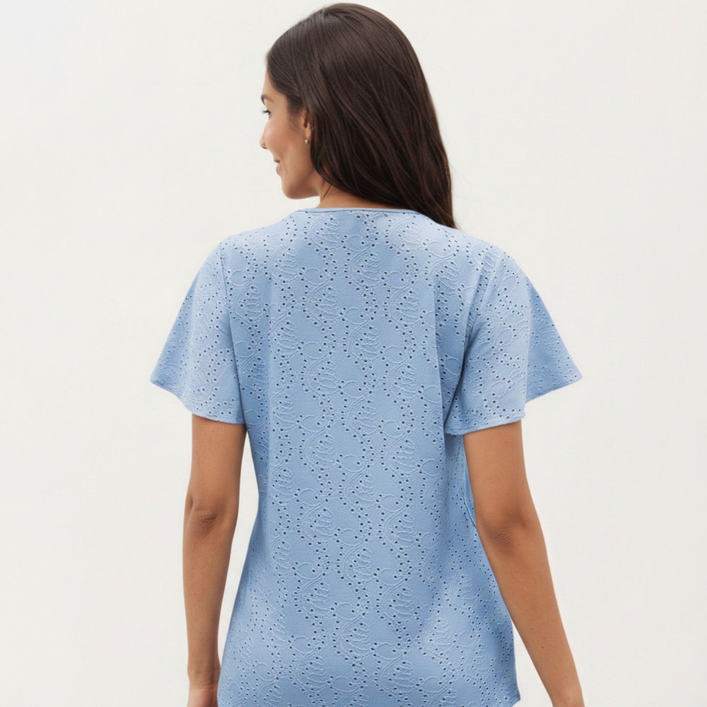 Short Sleeve Eyelet V-Neck Top with Floral Embroidery and Flutter Sleeves