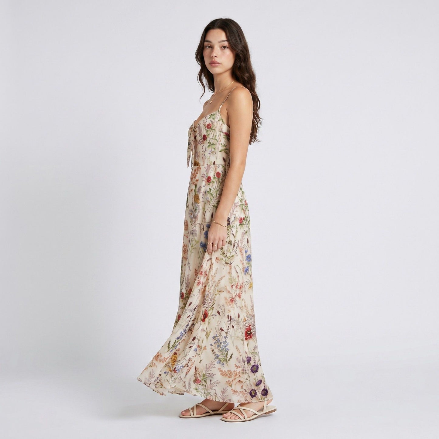 Floral Print Tie Front Maxi Dress with Spaghetti Straps and Flowy Skirt