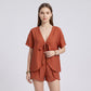 2-Piece Summer Lounge Set with Tie-Front V-Neck Top Short Sleeves and Curved Hem Shorts