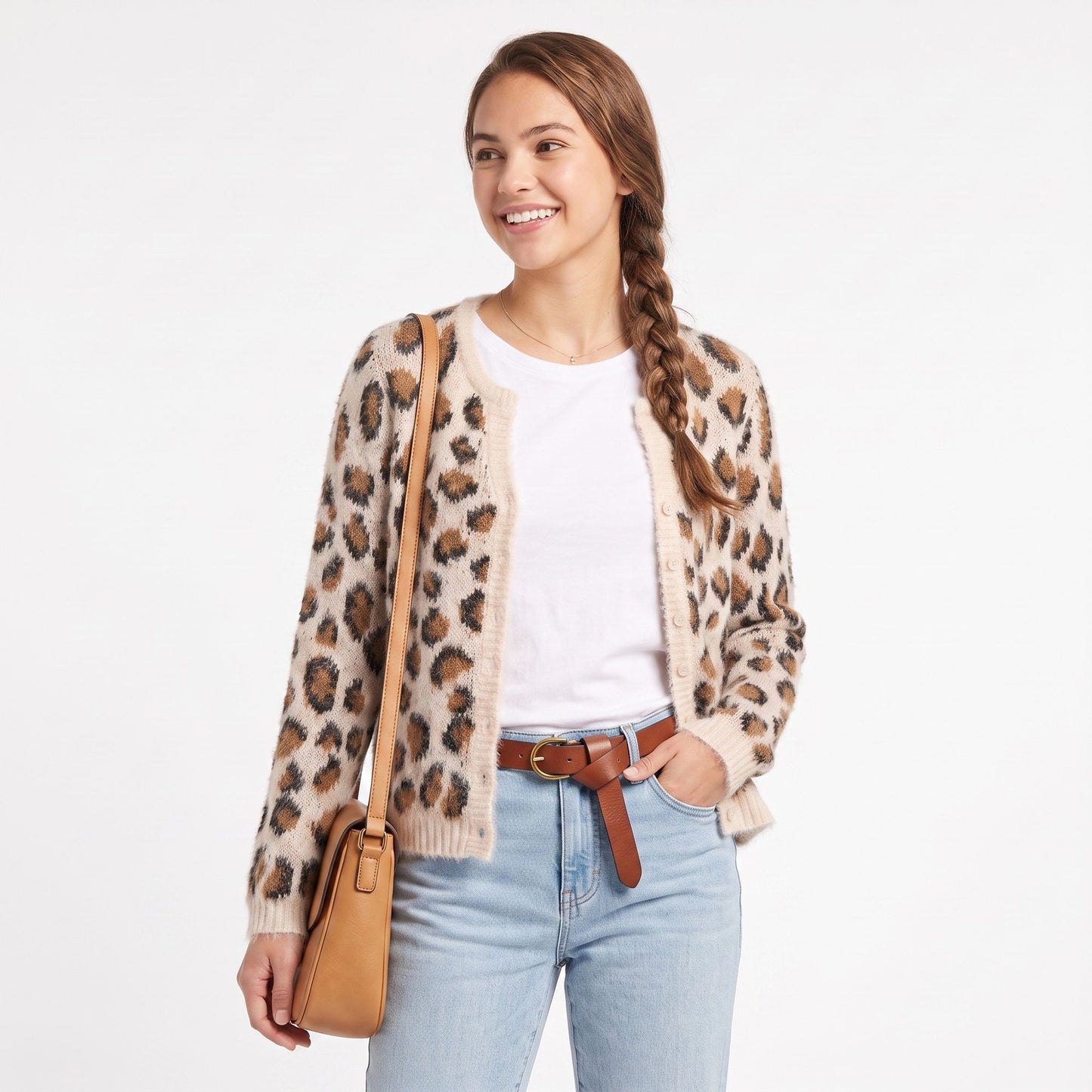Fuzzy Leopard Print Button Front Cardigan Sweater