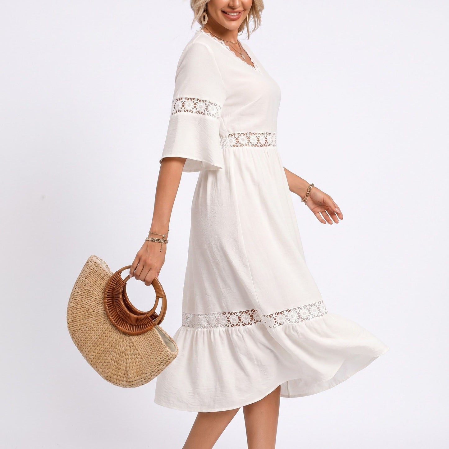 V-Neck Lace Trim Bell Sleeve Midi Dress