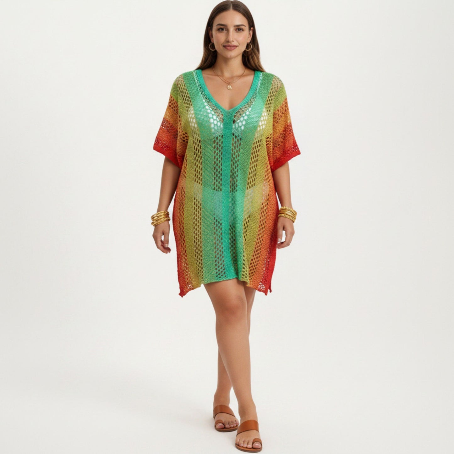 Ombre Crochet Swim Cover Up Dress with Open Knit Mesh Design V Neck Short Sleeves Relaxed Fit
