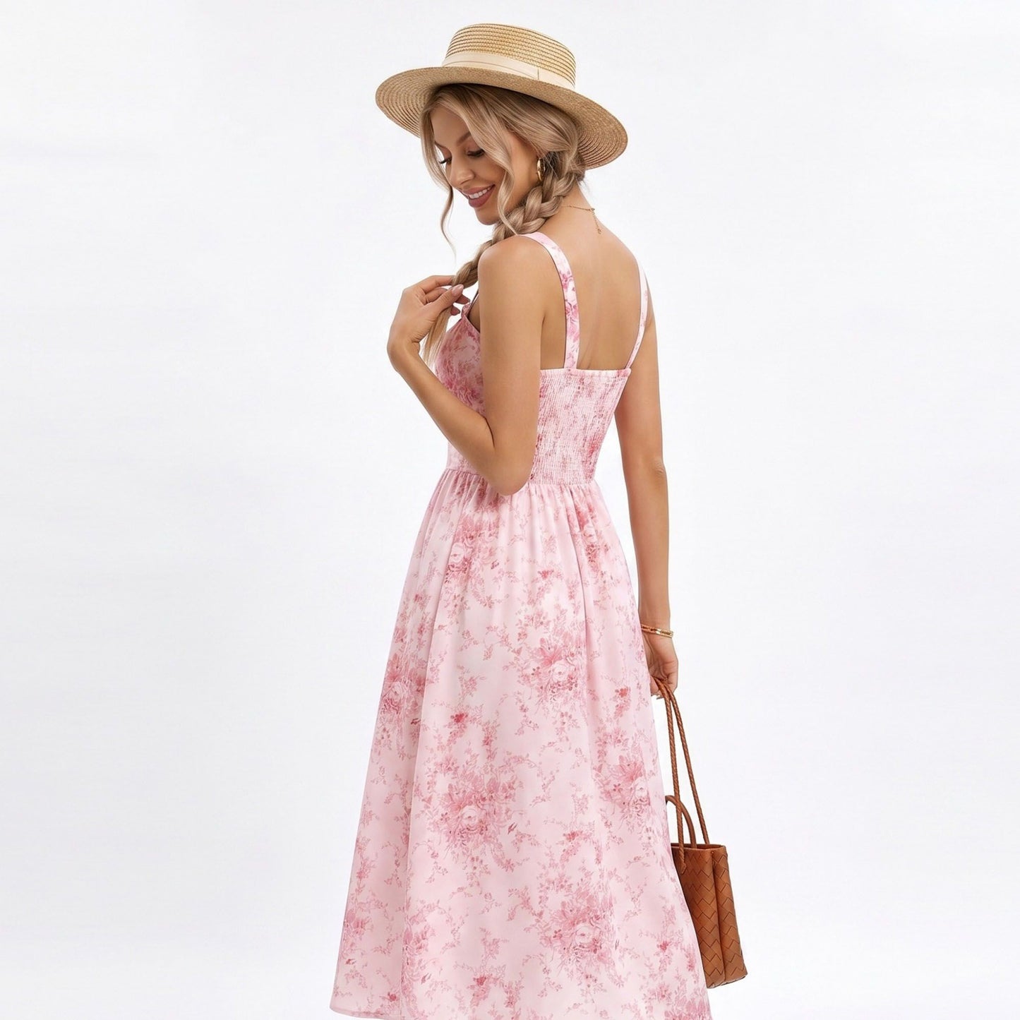 Floral Print Tie Front Smocked Back Midi Dress