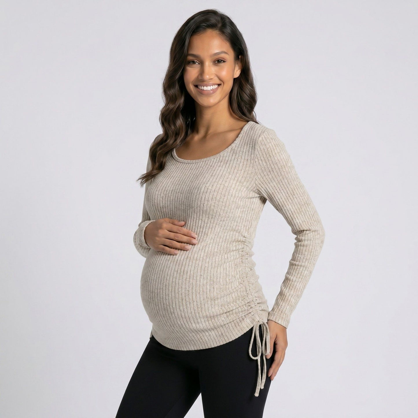 Maternity Ribbed Long Sleeve Top with Scoop Neck and Side Ruched Tie Detail