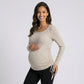 Maternity Ribbed Long Sleeve Top with Scoop Neck and Side Ruched Tie Detail