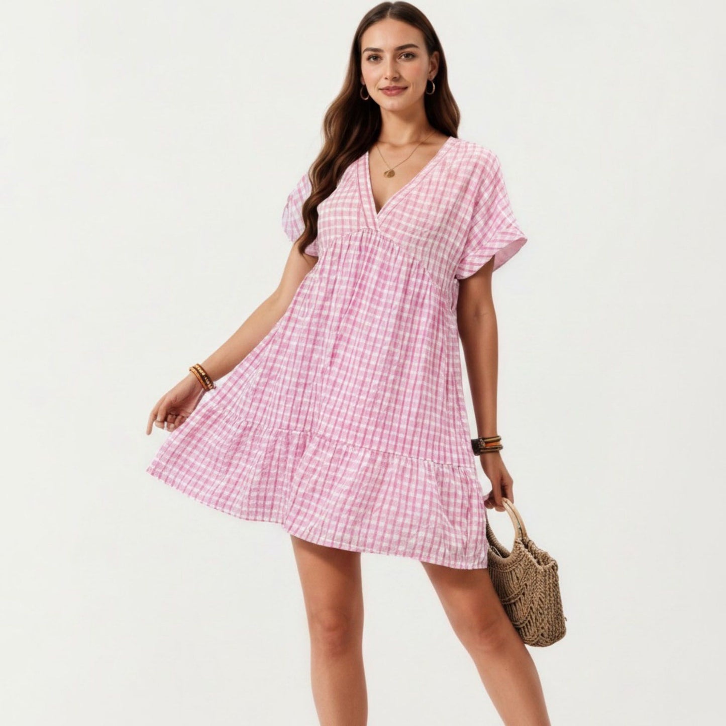 Short Sleeve V Neck Plaid Mini Dress with Tiered Hem Loose Fit Casual Lightweight Summer Dress