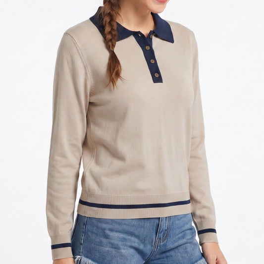 Contrast Collar Button Placket Long Sleeve Knit Sweater