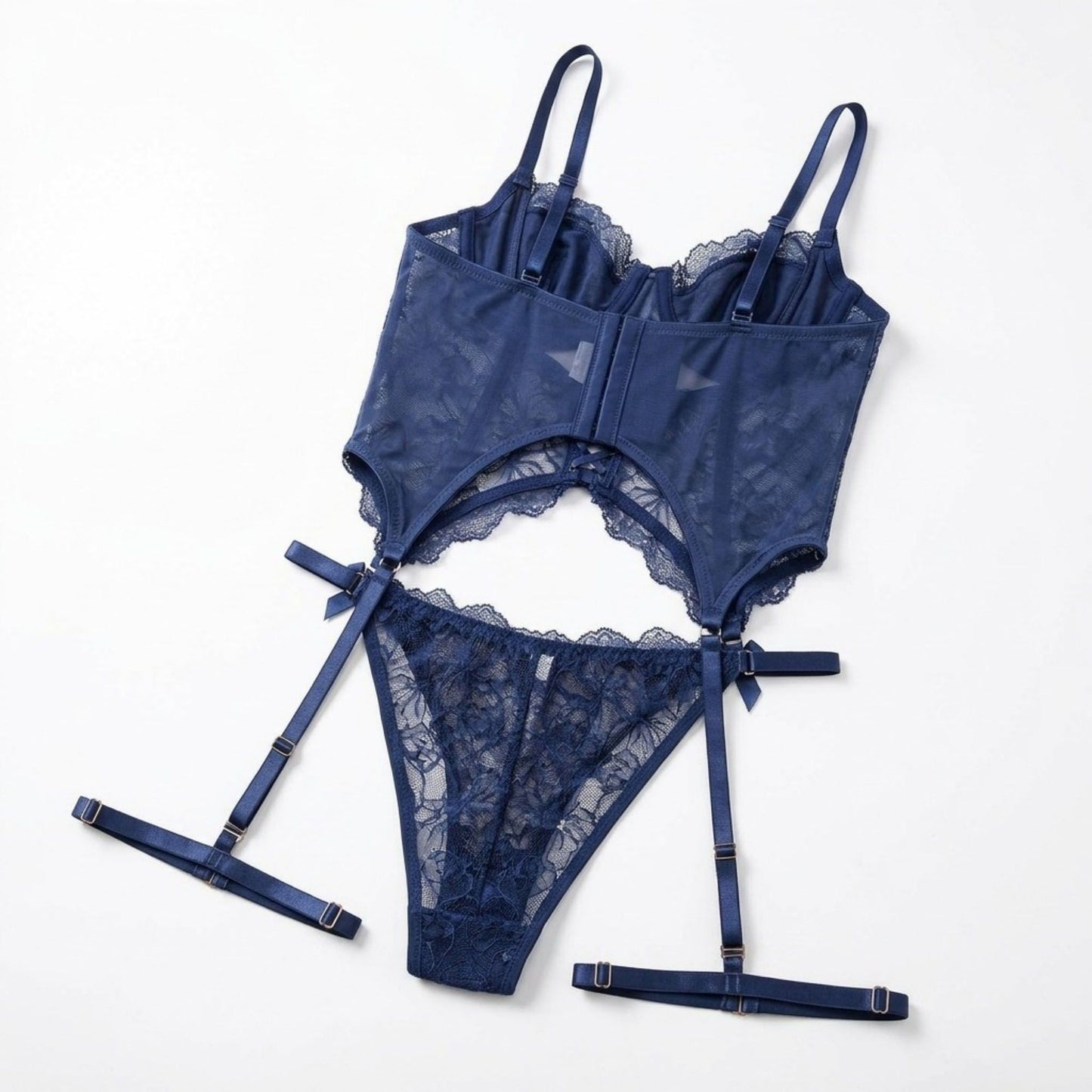 2 Piece Floral Lace Bustier and Panty Lingerie Set with Leg Straps