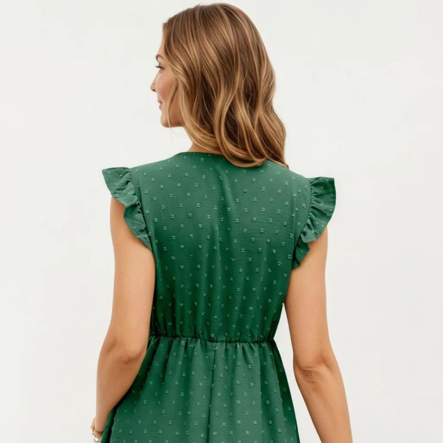 Swiss Dot Babydoll Dress with Ruffle Sleeves and V-Neckline