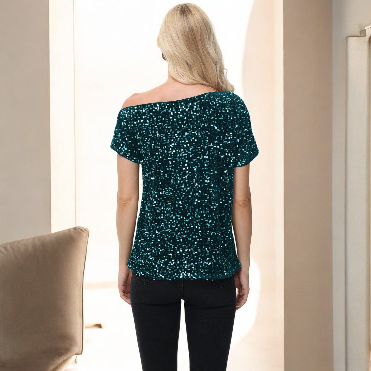 Off-Shoulder Sequin Short Sleeve Top with Relaxed Fit