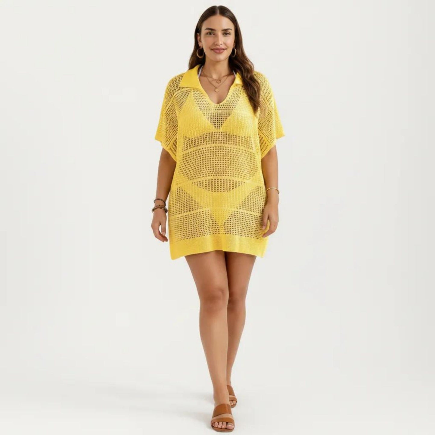 Mesh Swim Cover Up Dress with Open Knit Design Collared Neckline Short Sleeves Relaxed Fit
