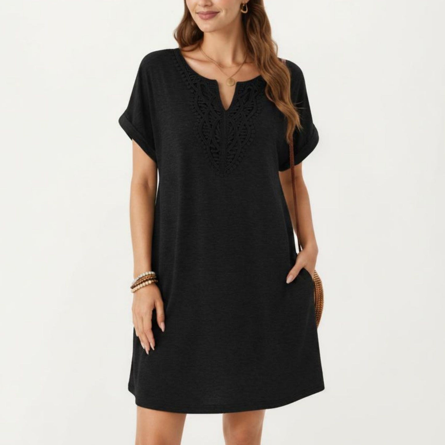Short Sleeve Shift Dress with Split V Neck Embroidered Detail Relaxed Fit Casual Tunic Dress