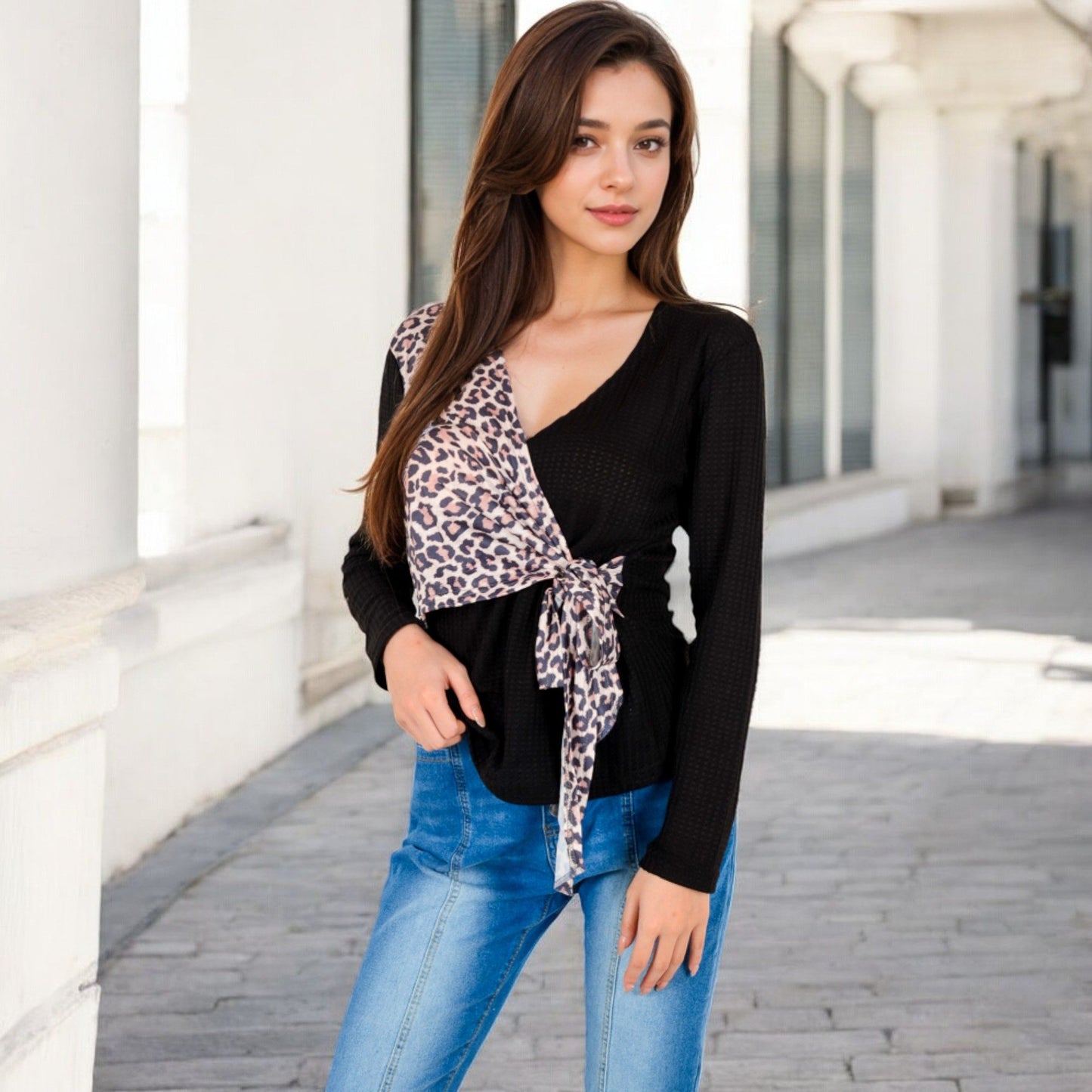 Knit Top with Leopard Print Wrap and Tie Detail