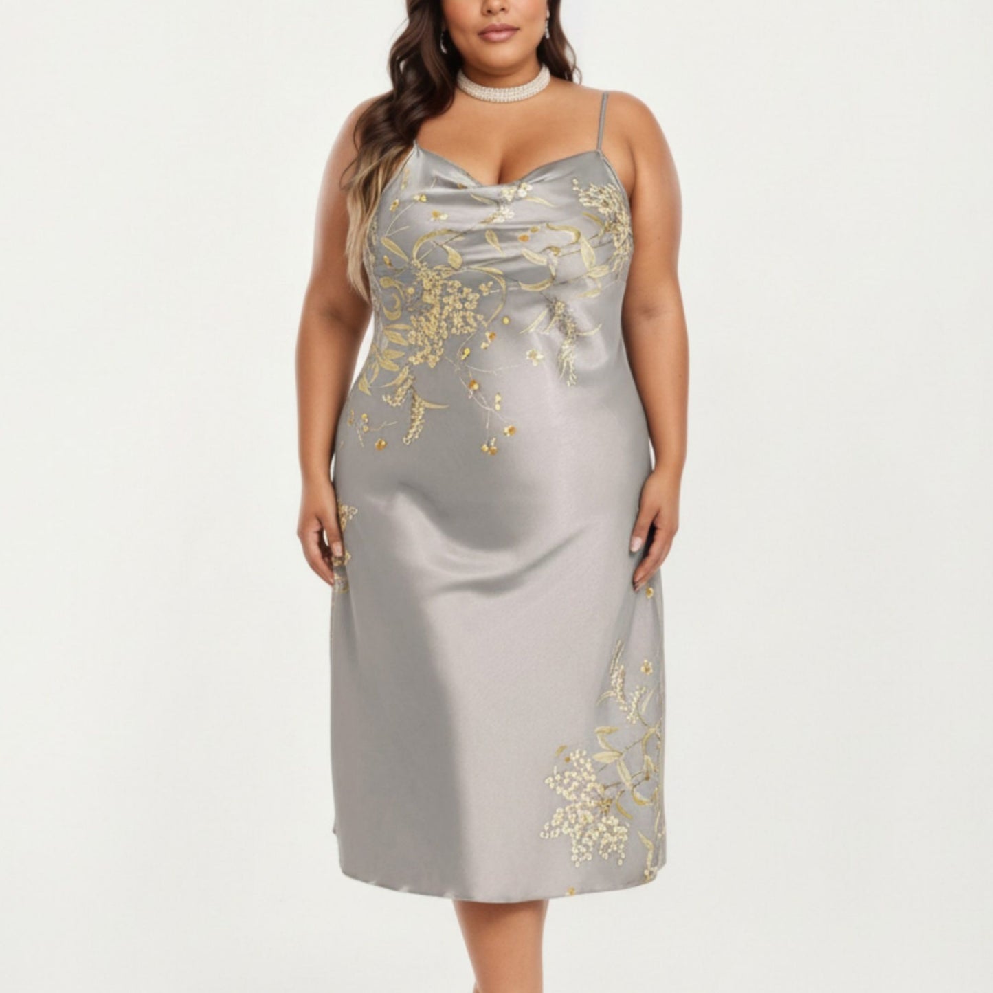 Plus Size Satin Floral Slip Nightgown with Adjustable Spaghetti Straps Cowl Neck Midi Length Sleepwear Dress
