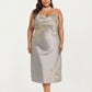 Plus Size Satin Floral Slip Nightgown with Adjustable Spaghetti Straps Cowl Neck Midi Length Sleepwear Dress