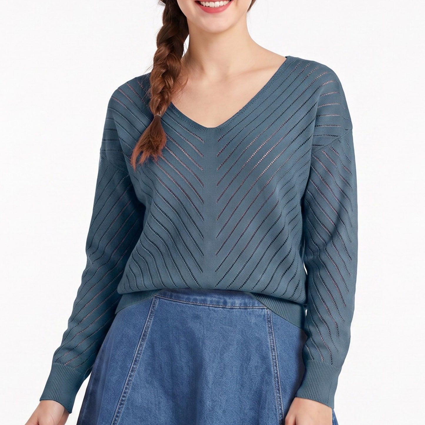 V-Neck Chevron Pointelle Knit Long Sleeve Sweater