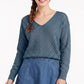 V-Neck Chevron Pointelle Knit Long Sleeve Sweater