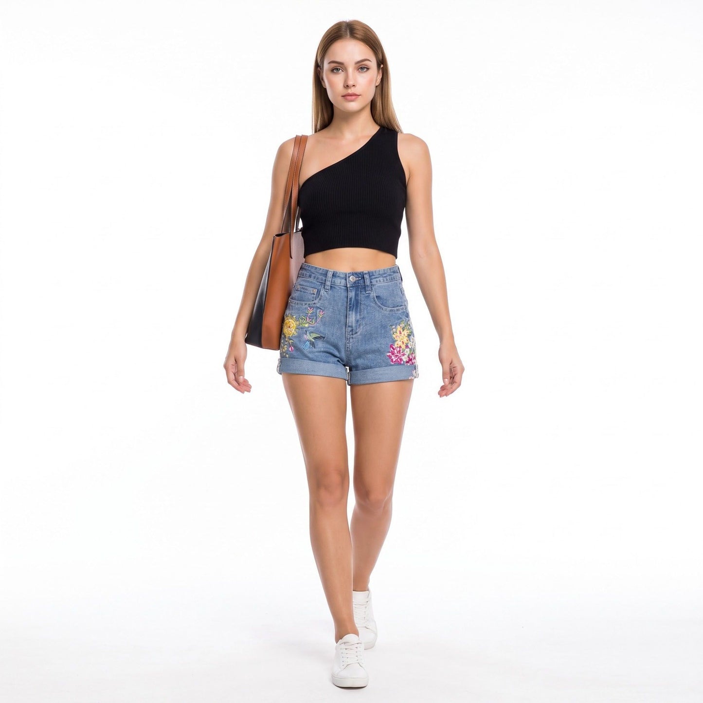 Floral Embroidered High Rise Denim Shorts Rolled Cuff Casual Jean Shorts