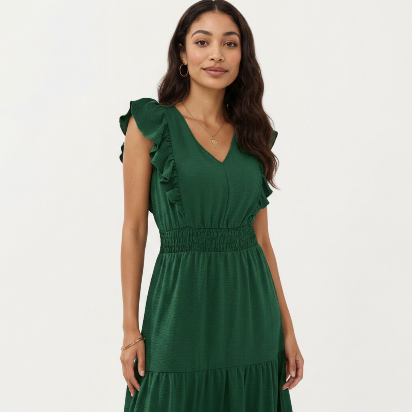 Tiered Midi Dress with Ruffle Sleeves and Smocked Waist