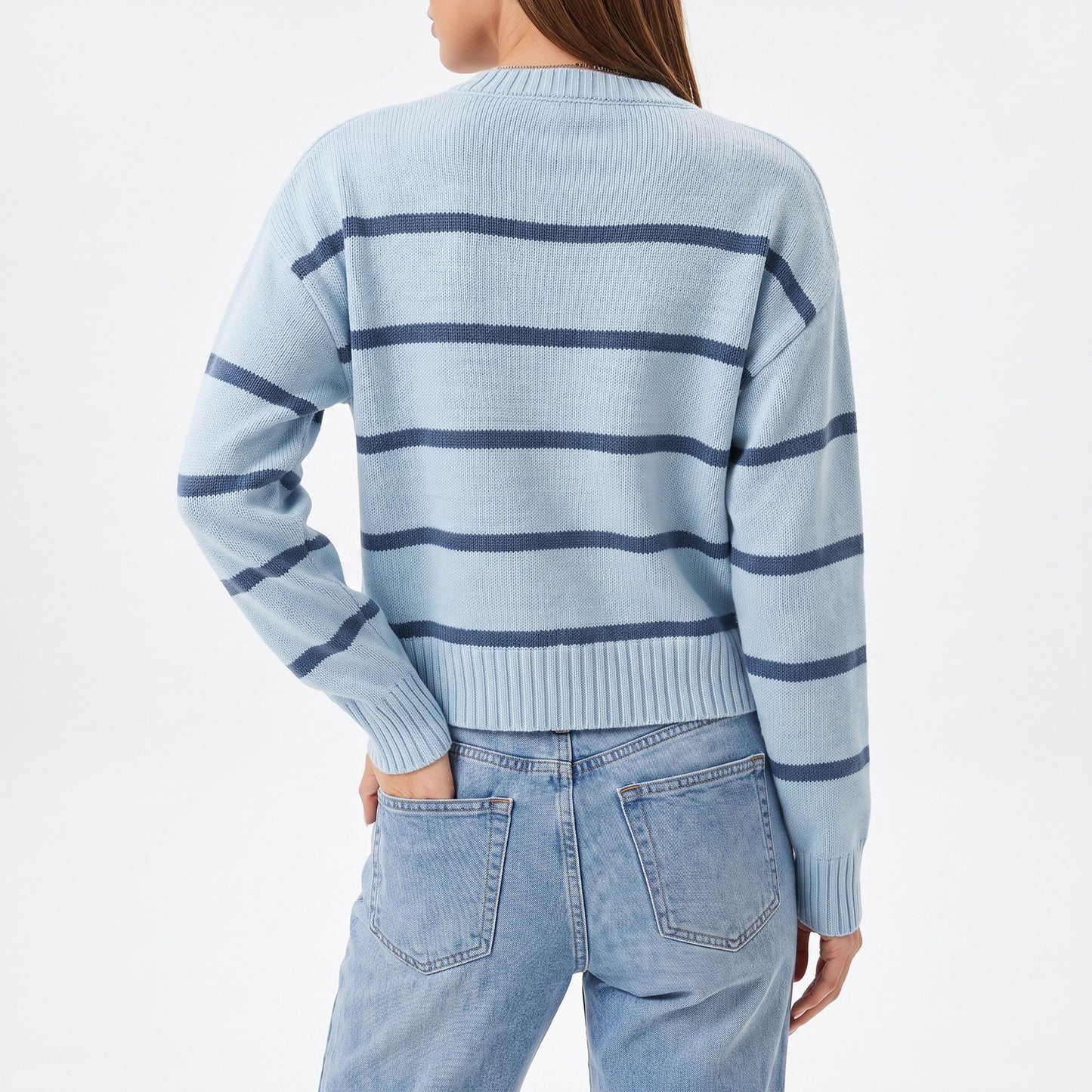 Striped Crewneck Button Front Knit Cardigan Sweater