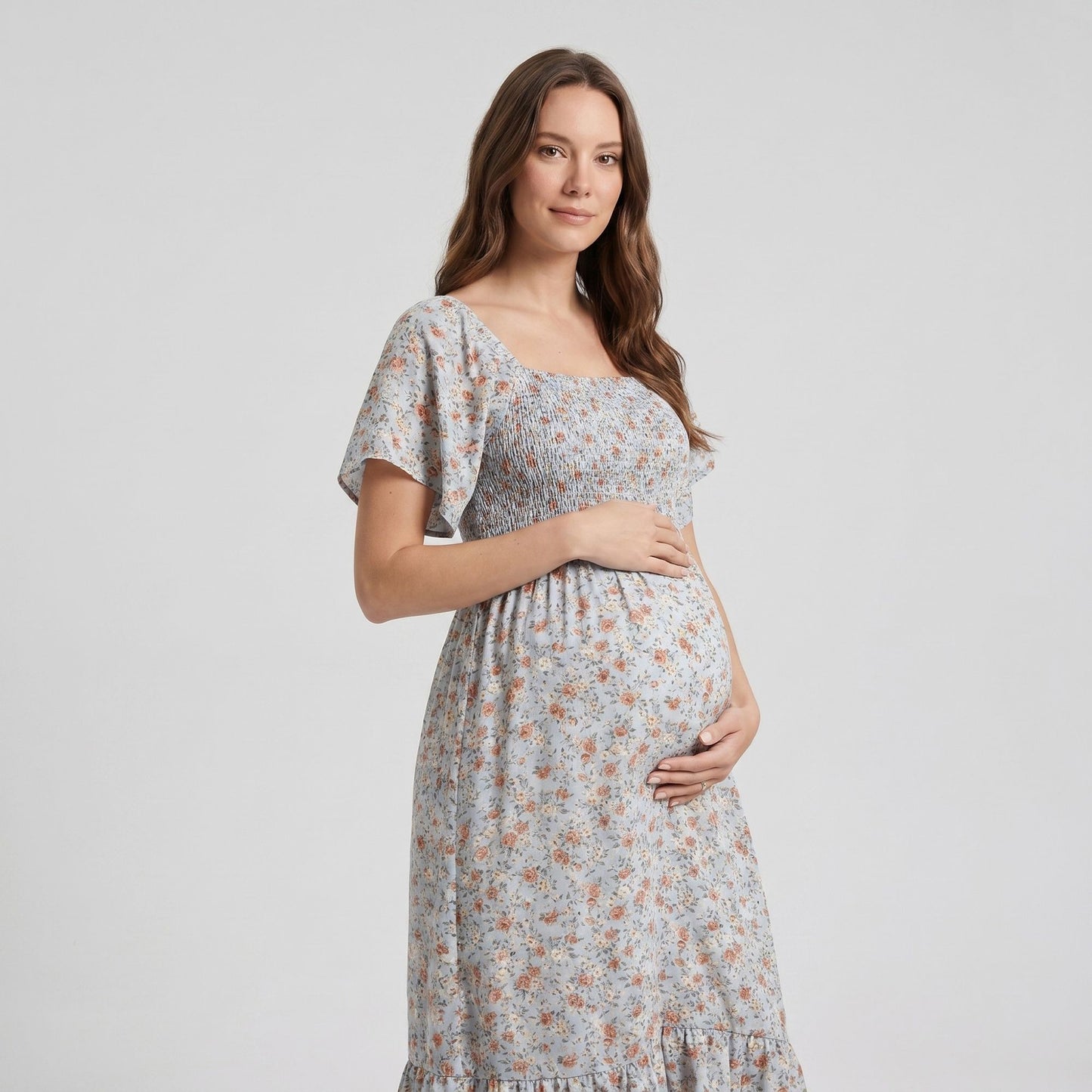 Maternity Floral Square Neck Midi Dress with Smocked Bodice and Flutter Sleeves