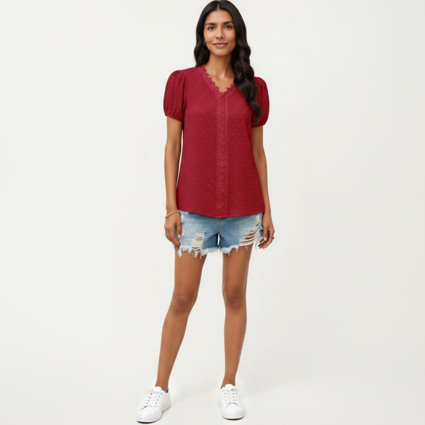 Short Sleeve Swiss Dot Top with Lace Trim V-Neck and Puff Sleeves