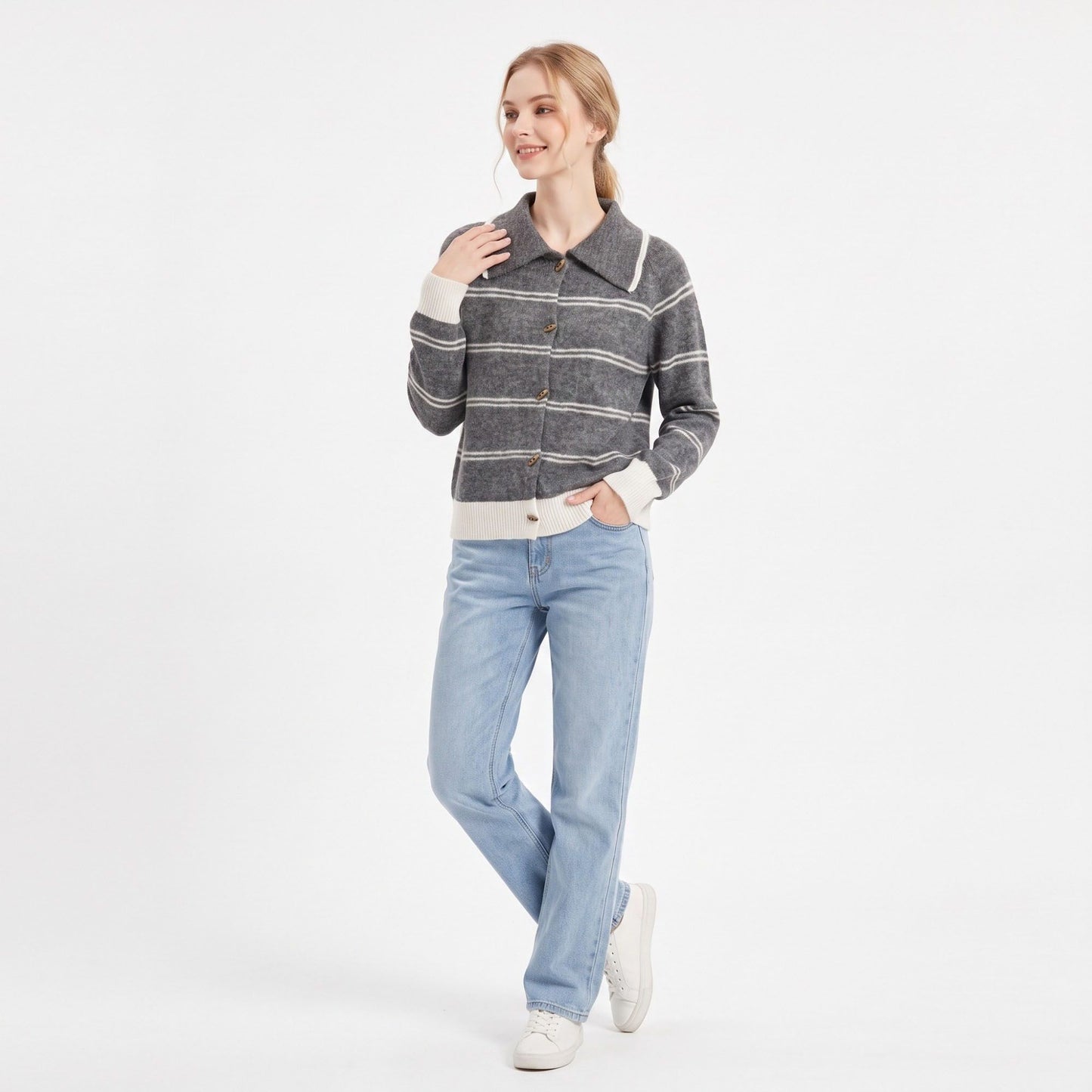 Striped Collared Button-Front Cardigan Sweater