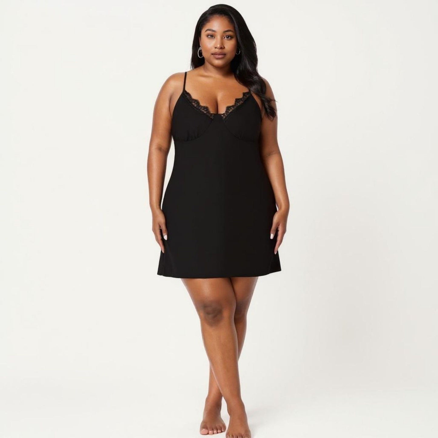 Plus Size Lace Trim Slip Nightgown Adjustable Spaghetti Straps Soft Flowy Sleep Dress Short Chemise