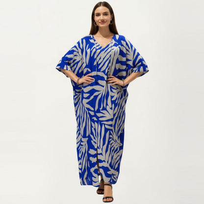 Tropical Leaf Print Kaftan Maxi Dress with V-Neckline and Flowy Oversized Silhouette