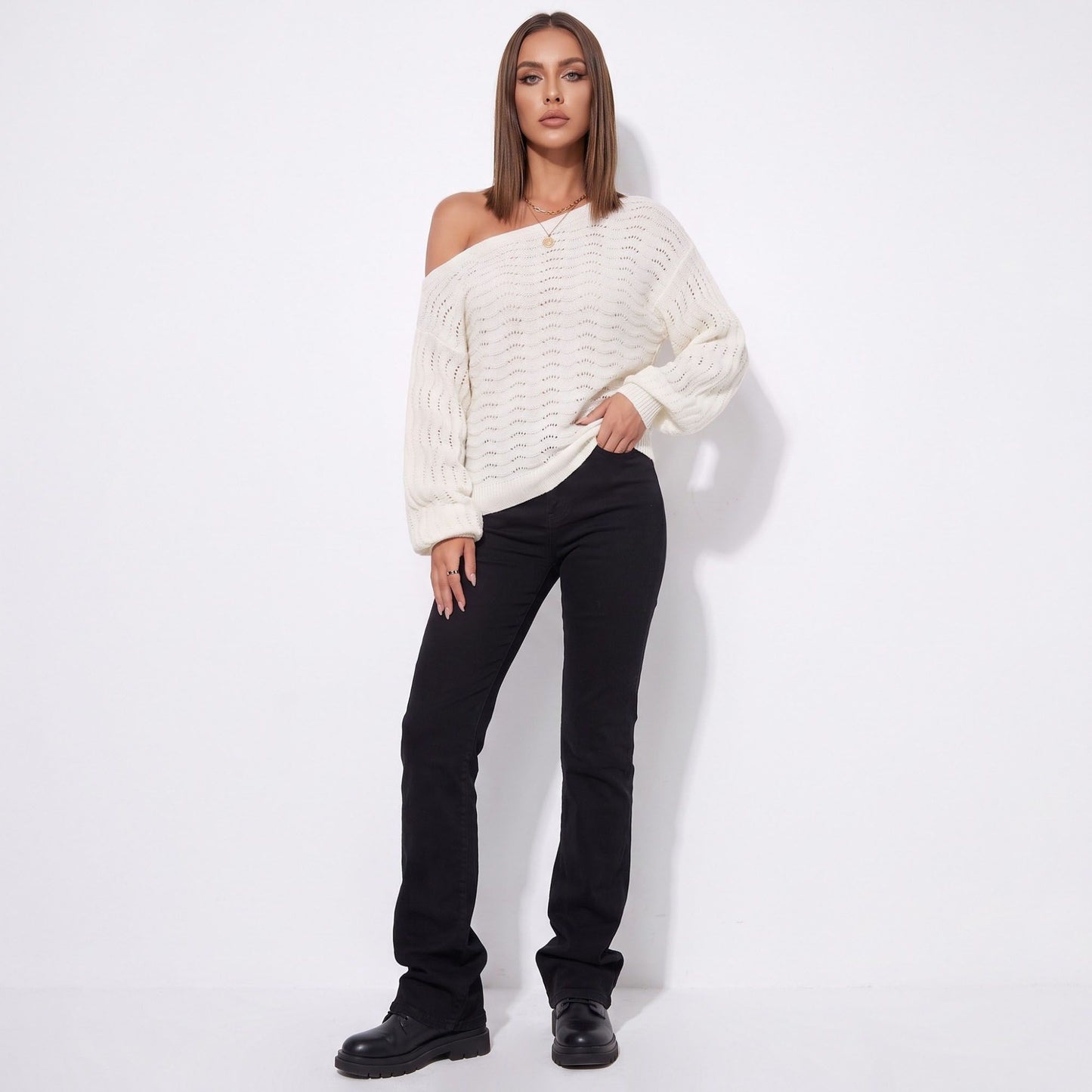 Off Shoulder Pointelle Knit Sweater