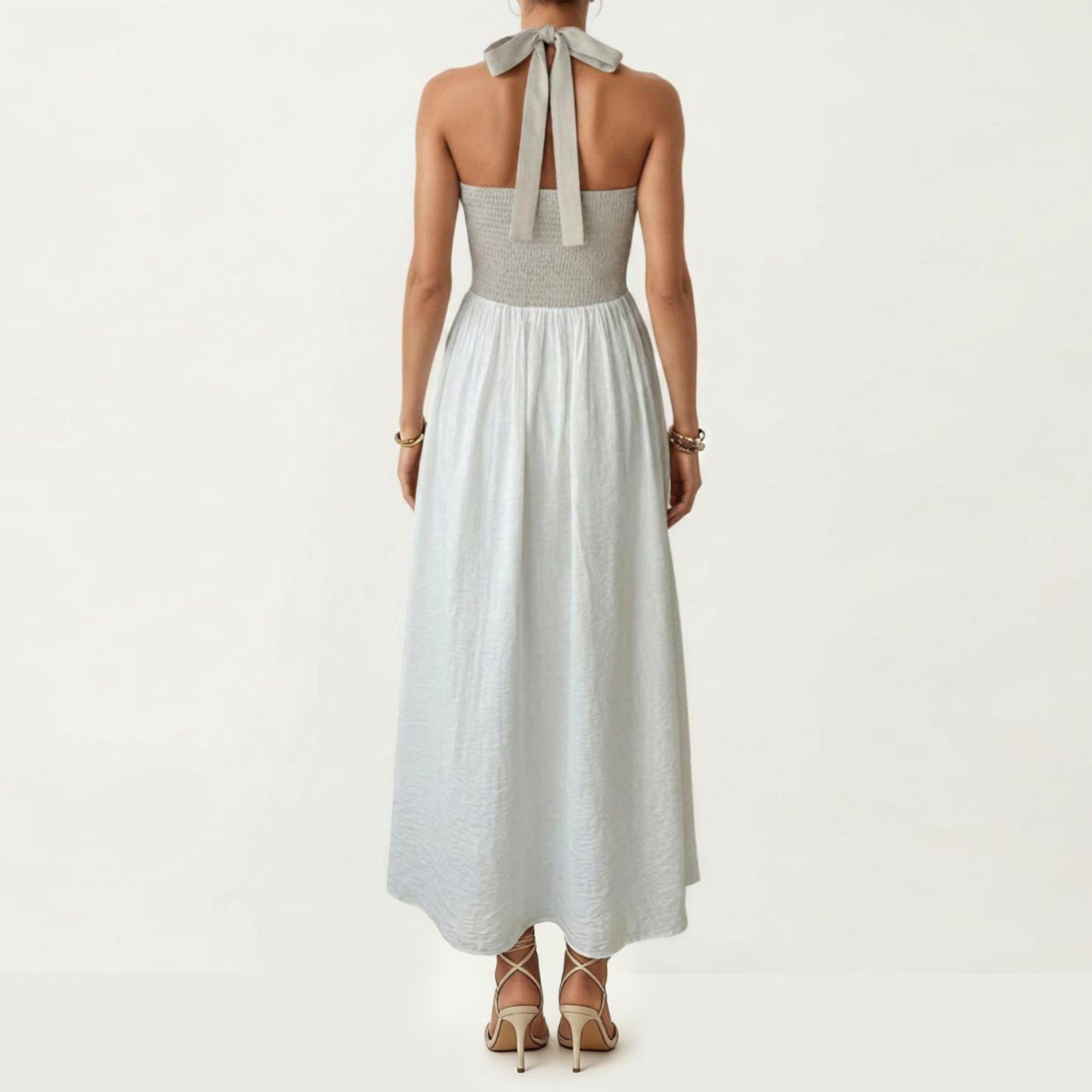 Color Block Halter Neck Smocked Back Maxi Dress