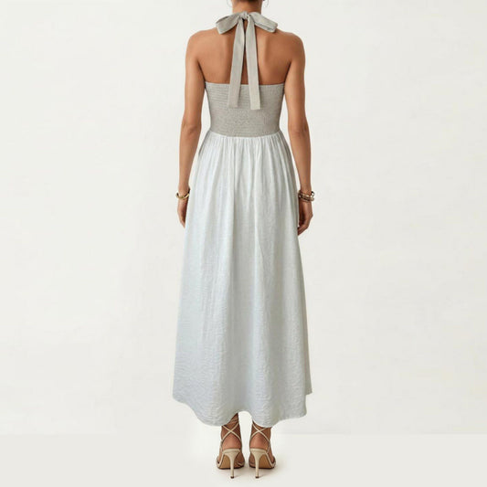 Color Block Halter Neck Smocked Back Maxi Dress