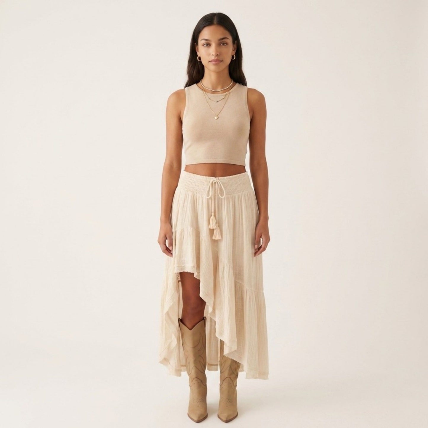 High Low Maxi Skirt Smocked Waist Tassel Tie Flowy Tiered Boho Casual Skirt