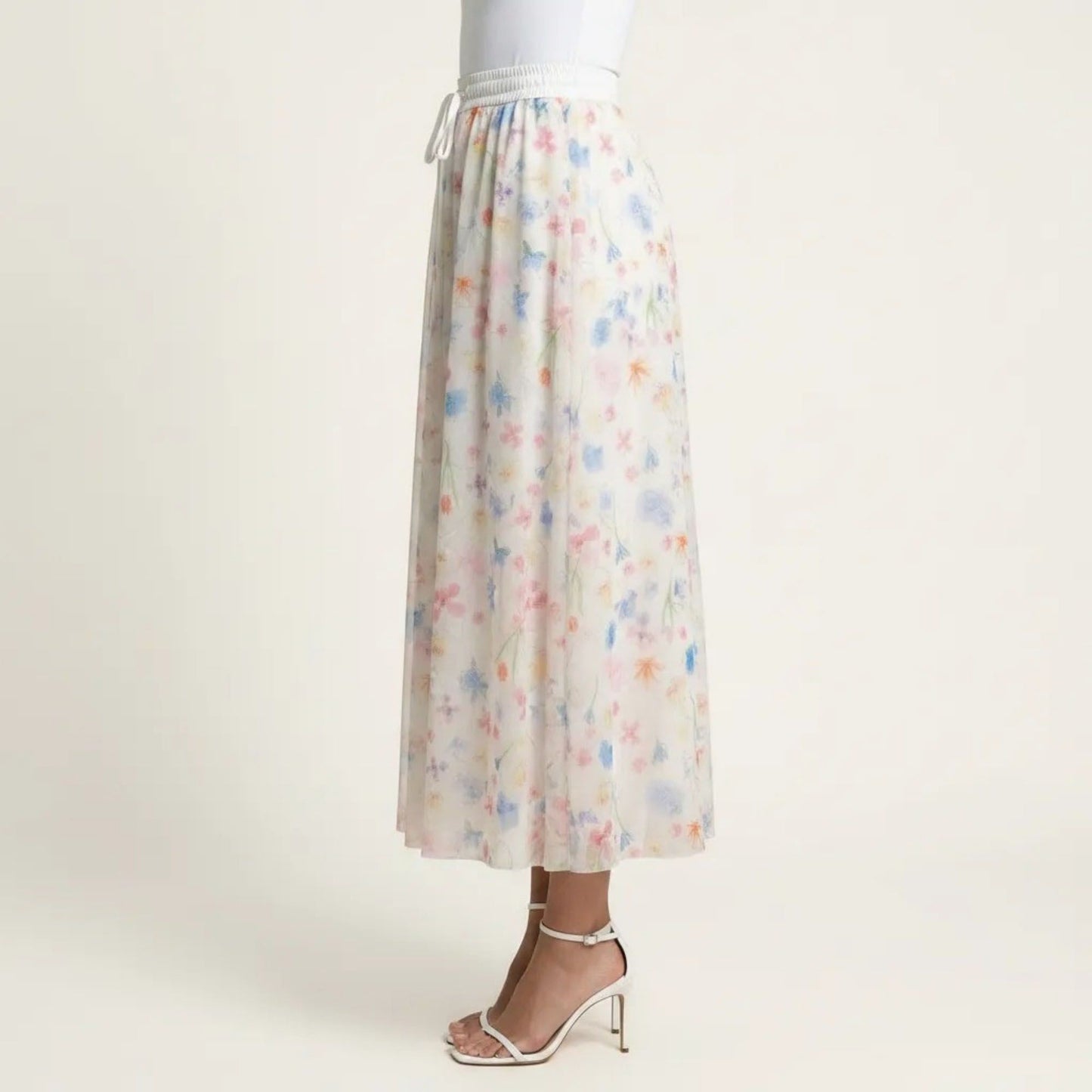 Floral Midi Skirt Elastic Waist Flowy Lightweight Chiffon A Line Casual Skirt