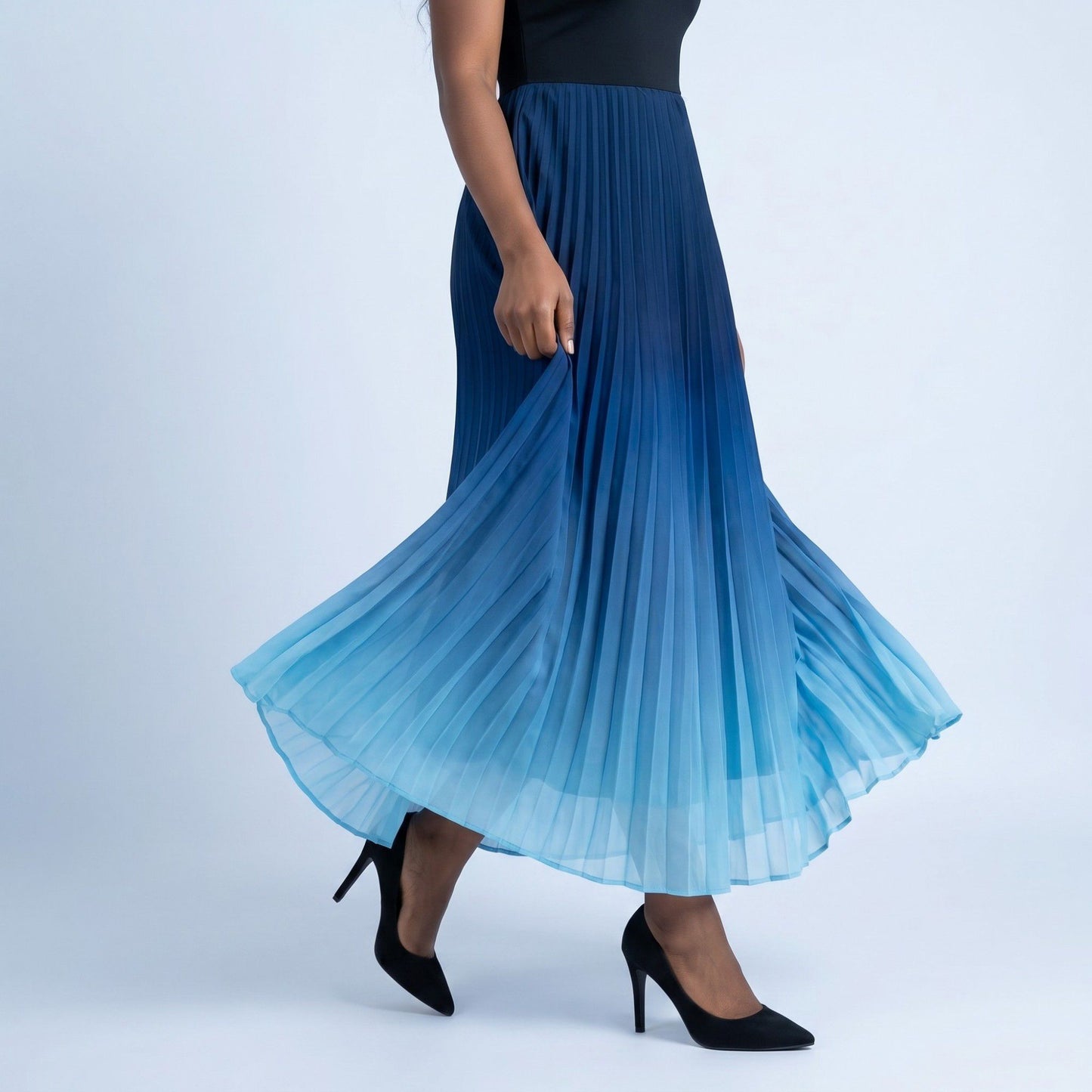 Sleeveless High Neck Pleated Ombre A-Line Maxi Dress with Flowy Skirt