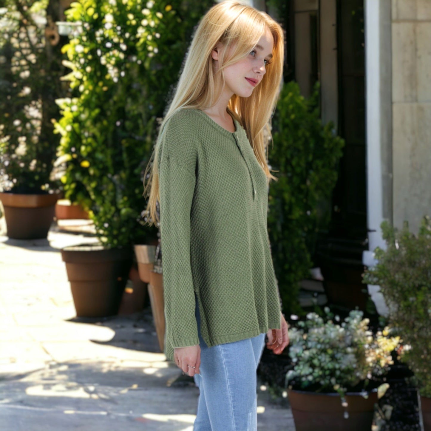 Contrast Half Button Henley Down Long Sleeve Sweater