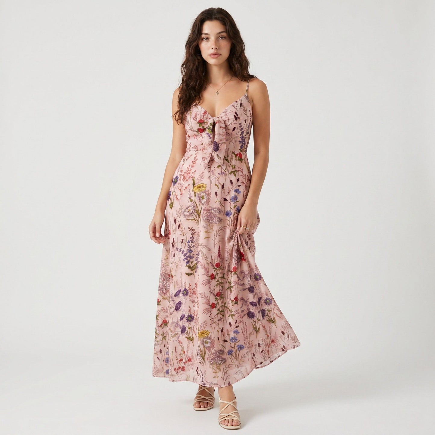 Floral Print Tie Front Maxi Dress with Spaghetti Straps and Flowy Skirt