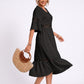V-Neck Lace Trim Bell Sleeve Midi Dress