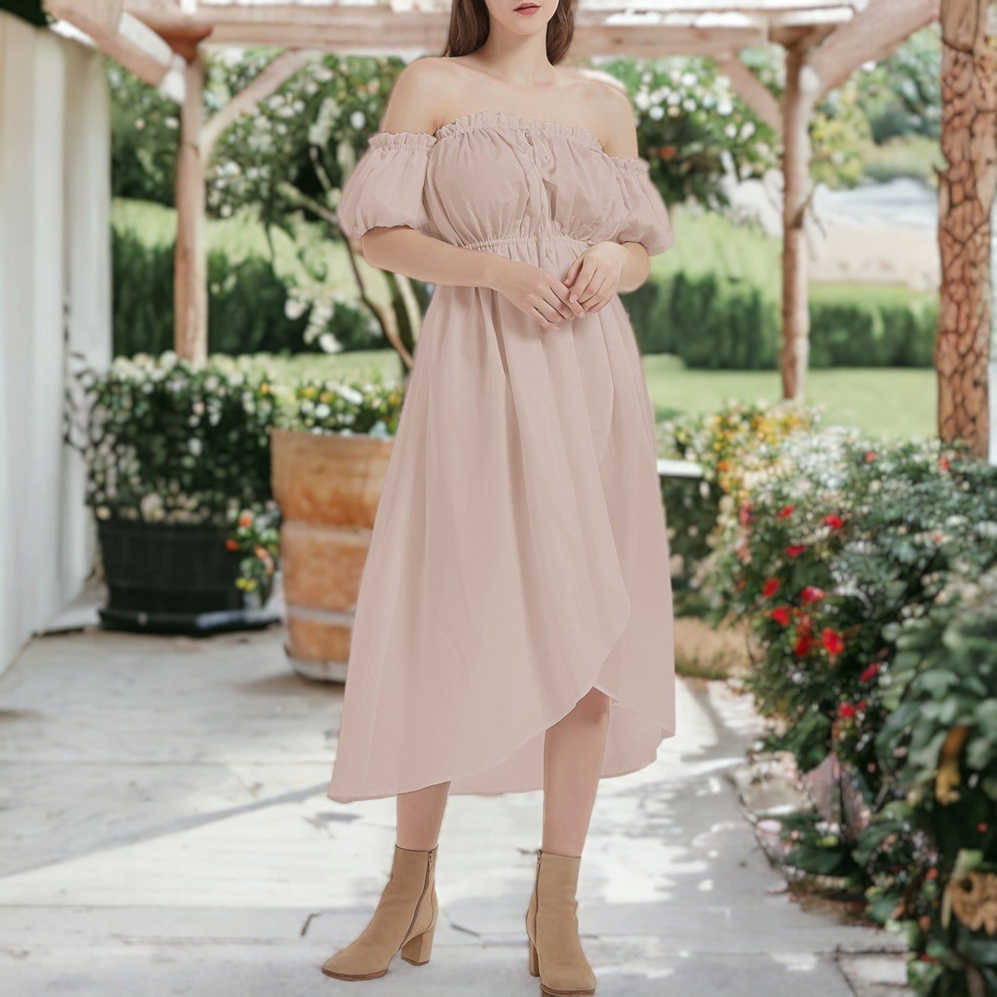 Casual Boho Lantern Sleeve Off Shoulder Fairy Midi Dress