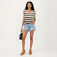Short Sleeve Striped Open Knit Top with Button Shoulder Detail and Relaxed Fit