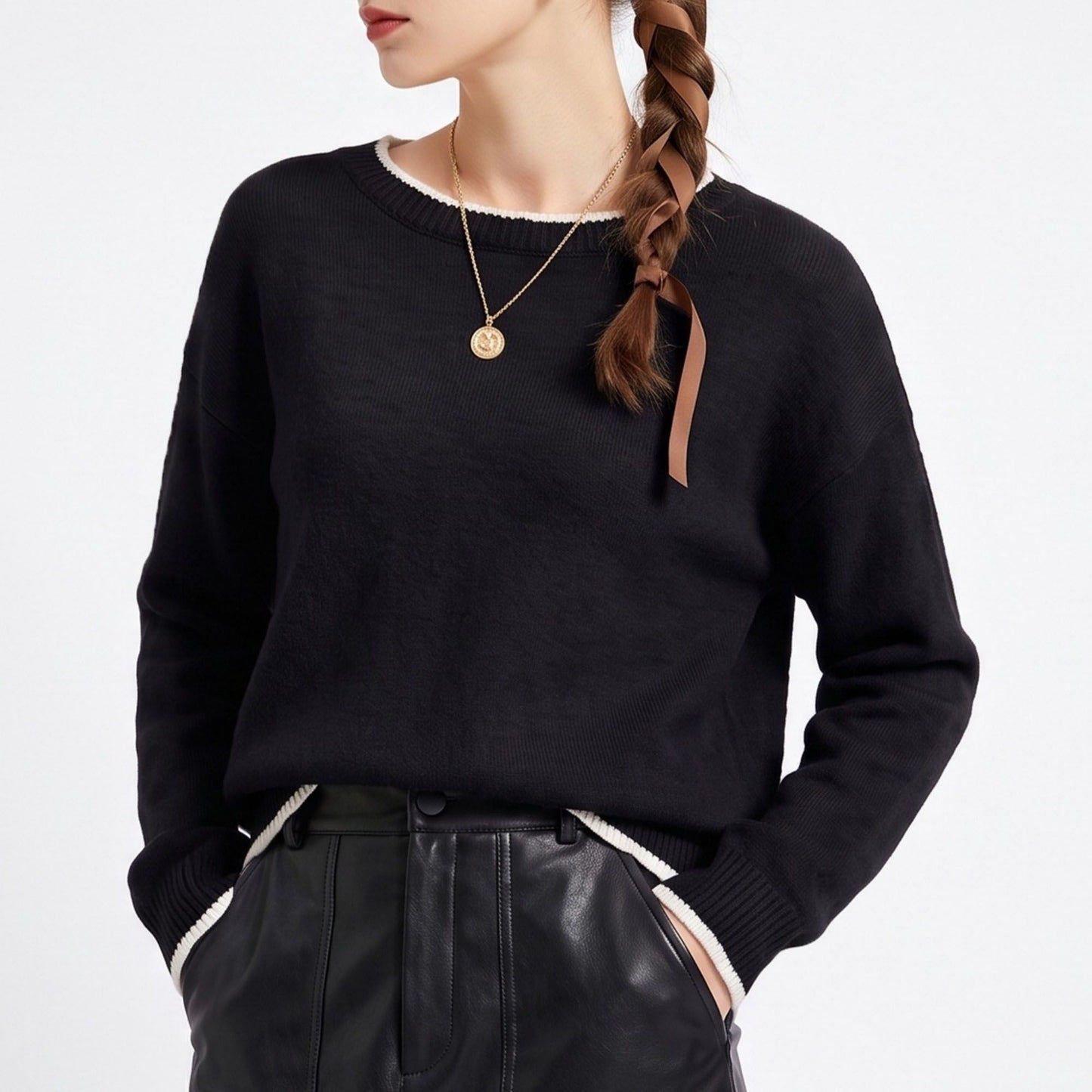 Contrast Trim Crewneck Knit Sweater